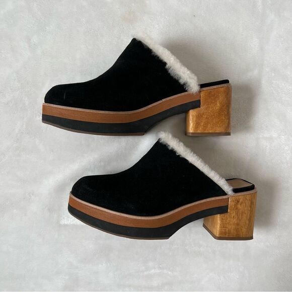 Bernardo Sky Shearling Lined Platform Clogs Wooden Heel 8.5 suede y2k Anthro - Picture 2 of 6